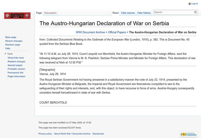 Wwi Document Archive: Austro Hungarian Declaration of War on Serbia Primary