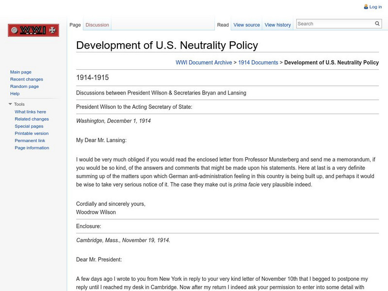 Brigham Young Univ.: Wwi Document Archive: Development of u.s. Neutrality Policy Primary Brigham Young Univ.: Wwi Document Archive: Development of u.s. Neutrality Policy Primary