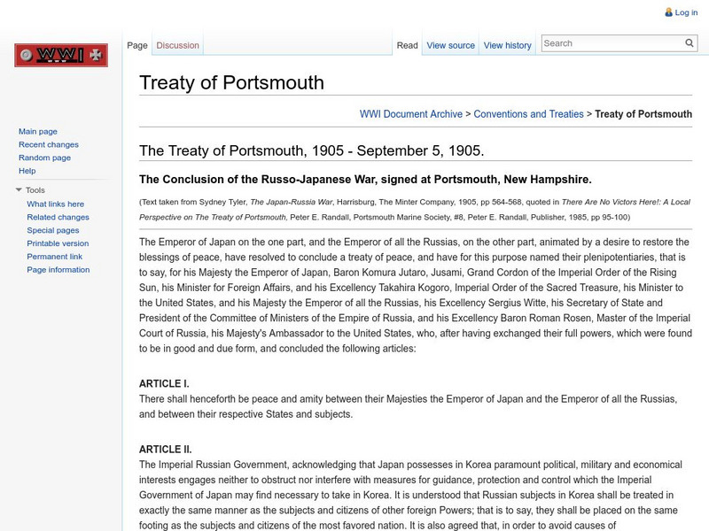Brigham Young University: Wwi Document Archive: The Treaty of Portsmouth, 1905 Primary