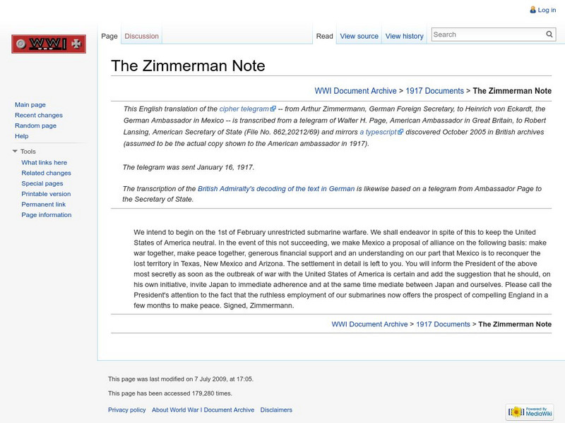 Brigham Young University: World War I Document Archive: The Zimmerman Note Primary Brigham Young University: World War I Document Archive: The Zimmerman Note Primary