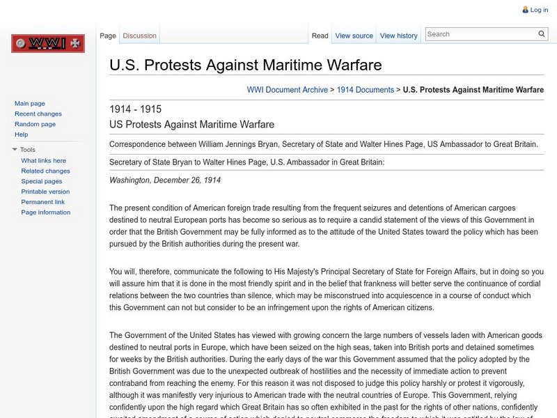 Brigham Young U.: Wwi Document Archive: u.s. Protests Against Maritime Warfare Primary Brigham Young U.: Wwi Document Archive: u.s. Protests Against Maritime Warfare Primary