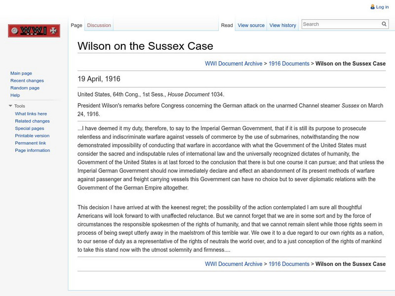 Brigham Young University: World War I Document Archive: Wilson on Sussex Case Primary Brigham Young University: World War I Document Archive: Wilson on Sussex Case Primary