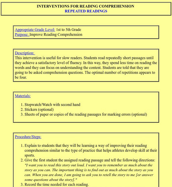 Michigan State University: Interventions for Reading: Repeated Readings Lesson Plan Michigan State University: Interventions for Reading: Repeated Readings Lesson Plan