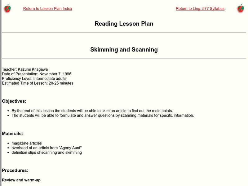 Byu: Skimming and Scanning Lesson Plan Lesson Plan Byu: Skimming and Scanning Lesson Plan Lesson Plan