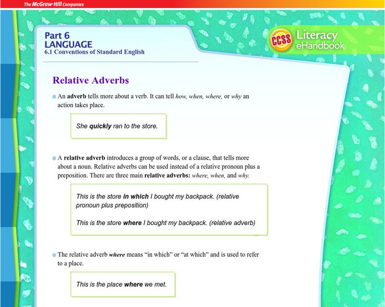 Mc Graw Hill Education: Language: Conventions: Relative Adverbs Activity Mc Graw Hill Education: Language: Conventions: Relative Adverbs Activity