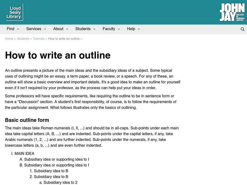 John Jay College: Basic Outlining Handout John Jay College: Basic Outlining Handout