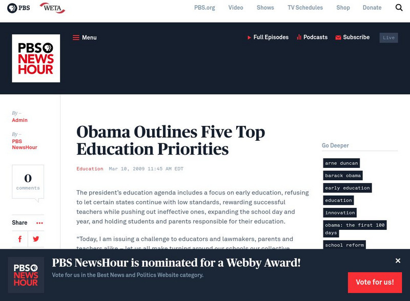 Pbs Online News Hour: Obama Outlines Five Top Education Priorities Article