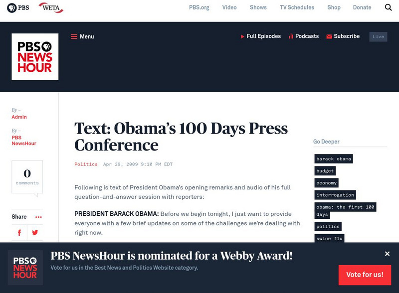 Pbs Online News Hour: Obama's 100 Days Press Conference Primary