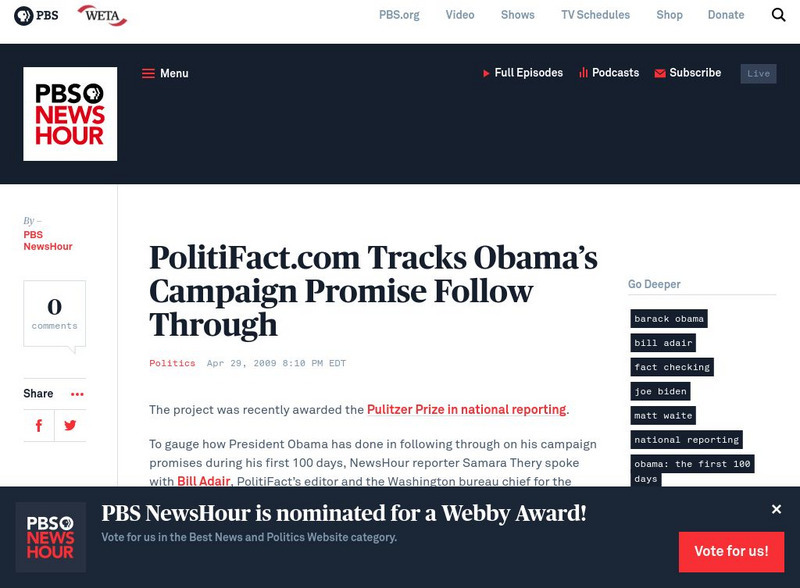 Pbs : Politi fact.com Tracks Obama's Campaign Promise Follow Through Website