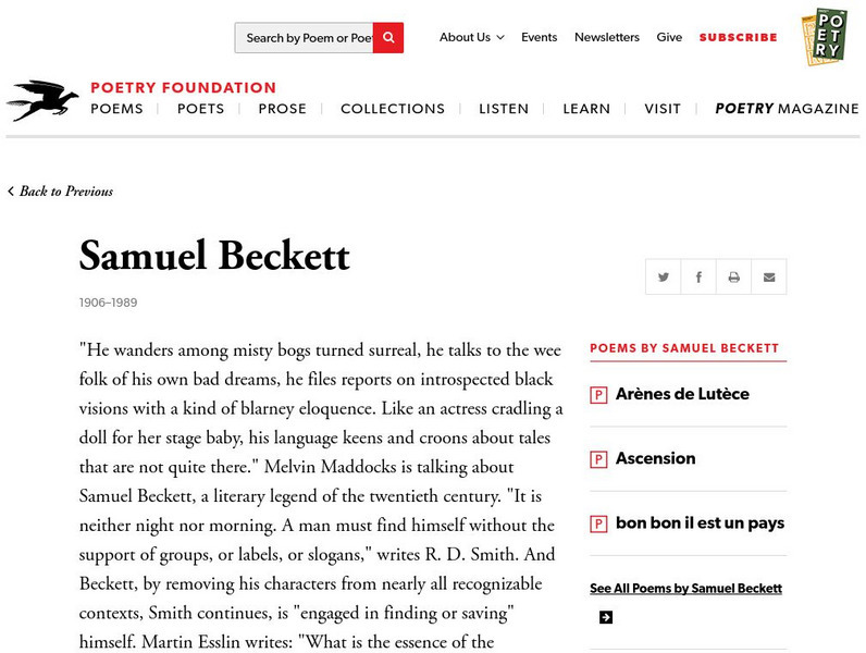 Poetry Foundation: Samuel Beckett (1906 1989) Website