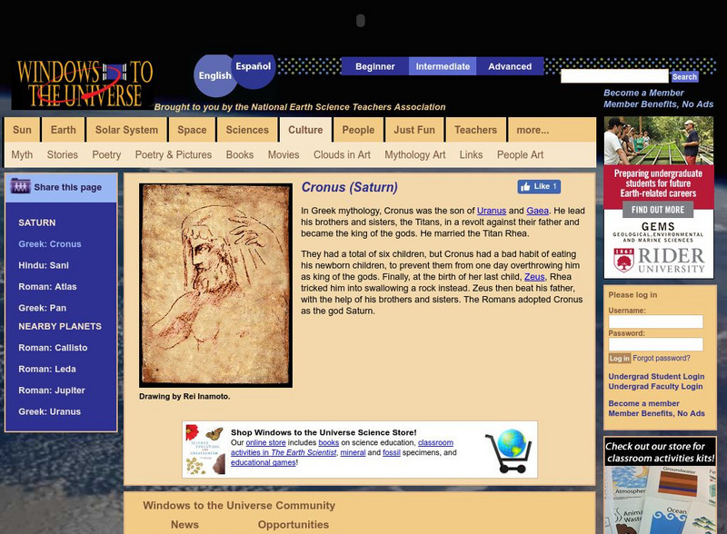 Windows to the Universe: Cronus (Saturn) Handout Windows to the Universe: Cronus (Saturn) Handout