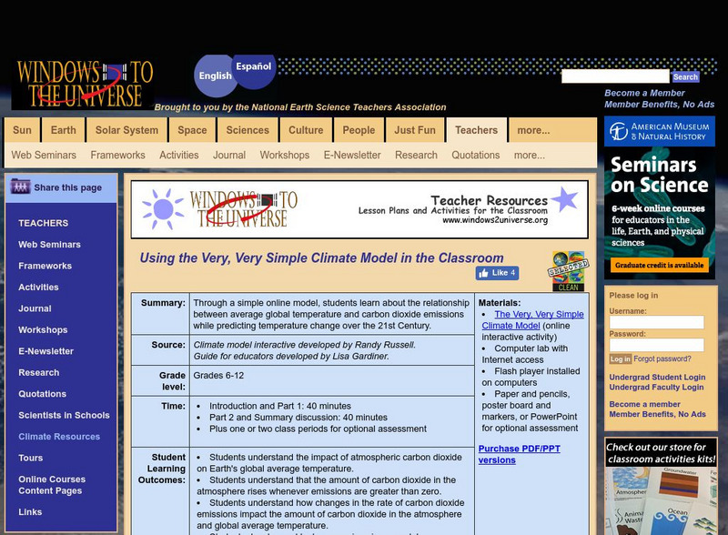 Windows to the Universe: Using the Very Simple Climate Model in the Classroom Lesson Plan Windows to the Universe: Using the Very Simple Climate Model in the Classroom Lesson Plan