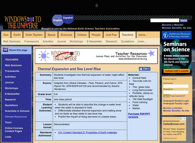 Windows to the Universe: Thermal Expansion and Sea Level Rise Lesson Plan Windows to the Universe: Thermal Expansion and Sea Level Rise Lesson Plan