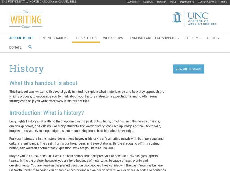 University of North Carolina: Writing Center: Handouts: Writing About History Handout University of North Carolina: Writing Center: Handouts: Writing About History Handout