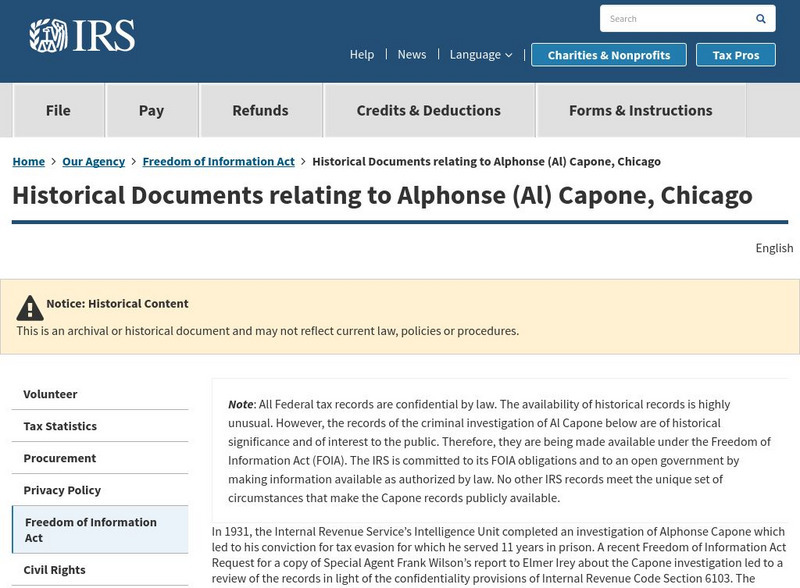 Internal Revenue Service: Historical Documents Relating to Alphonse (Al) Capone Primary Internal Revenue Service: Historical Documents Relating to Alphonse (Al) Capone Primary