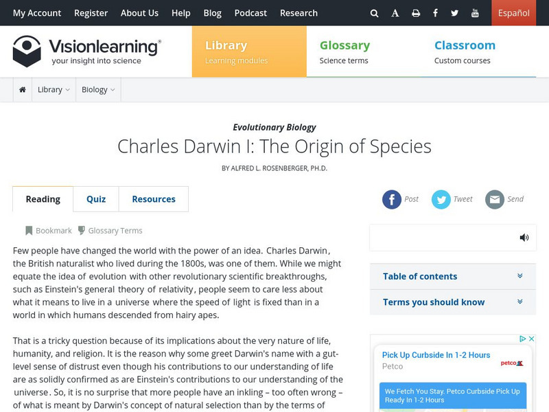 Visionlearning: Biology: Charles Darwin I: The Origin of Species Unit Plan Visionlearning: Biology: Charles Darwin I: The Origin of Species Unit Plan