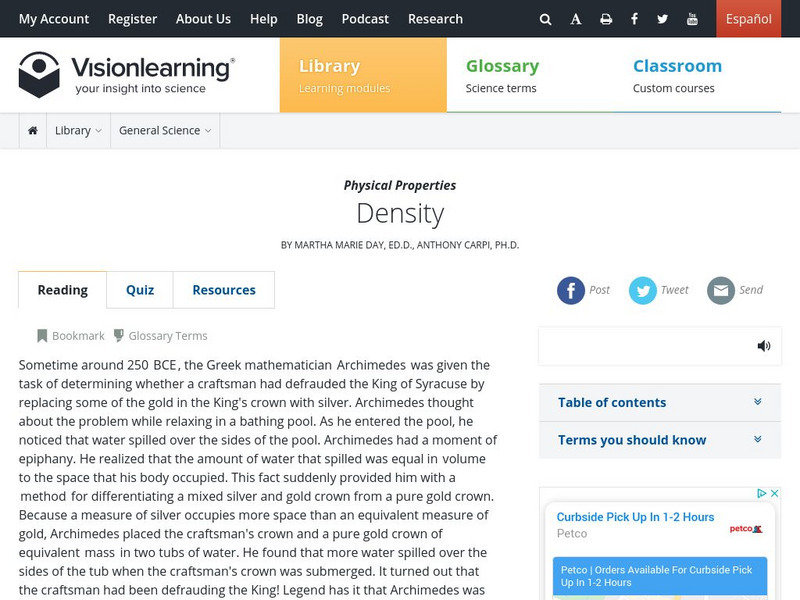 Visionlearning: General Science: Density Unit Plan Visionlearning: General Science: Density Unit Plan