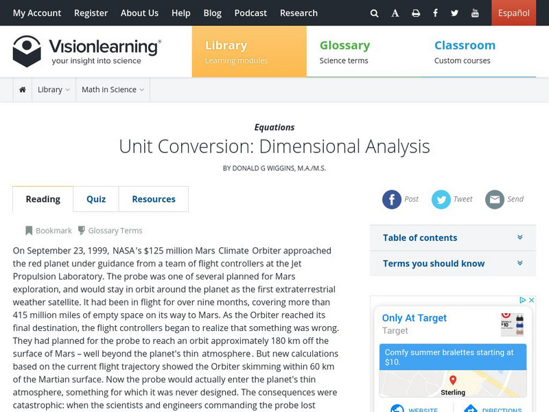 Visionlearning: General Science: Unit Conversion: Dimensional Analysis Unit Plan