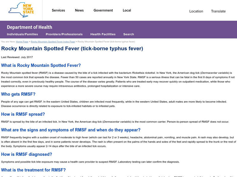 New York State Department of Health: Rocky Mountain Spotted Fever Handout