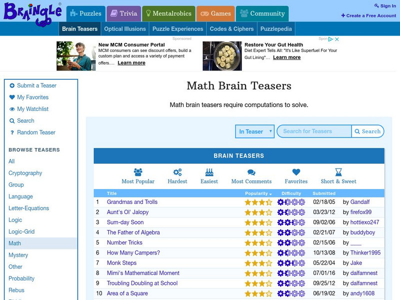 Braingle: Math Brain Teasers Activity Braingle: Math Brain Teasers Activity