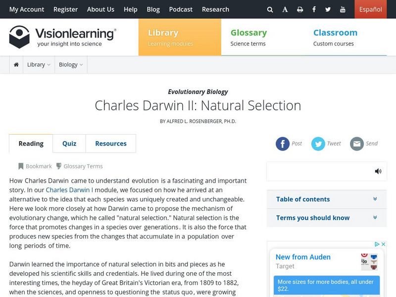 Visionlearning: Biology: Charles Darwin Ii: Natural Selection Unit Plan Visionlearning: Biology: Charles Darwin Ii: Natural Selection Unit Plan