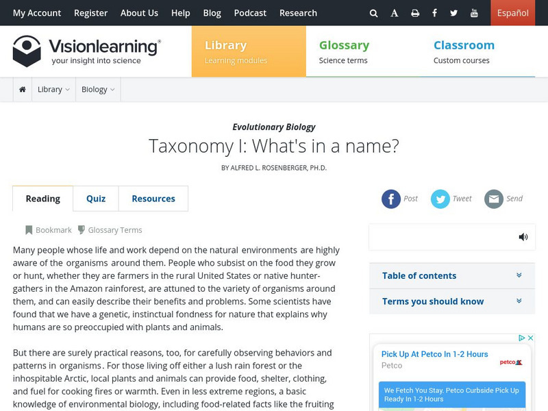 Visionlearning: Biology: Taxonomy I: What's in a Name Unit Plan Visionlearning: Biology: Taxonomy I: What's in a Name Unit Plan