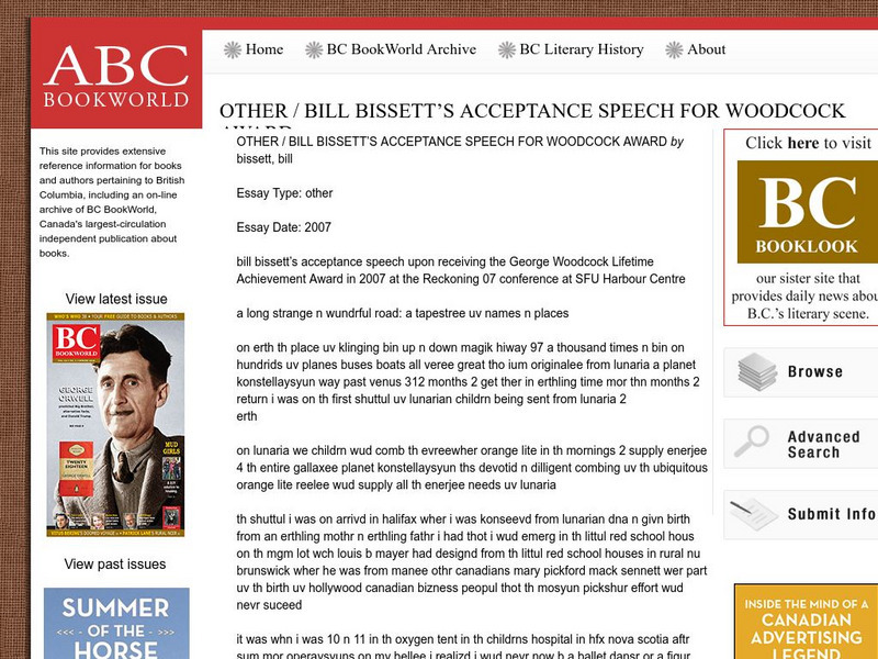 Bc Bookworld: Bill Bissett's Acceptance Speech for George Woodcock Award Primary Bc Bookworld: Bill Bissett's Acceptance Speech for George Woodcock Award Primary