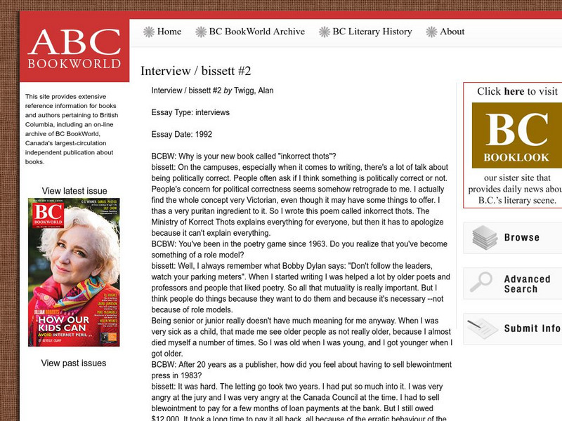 Bc Bookworld: Interview #2 With Bill Bissett by Alan Twigg Primary Bc Bookworld: Interview #2 With Bill Bissett by Alan Twigg Primary