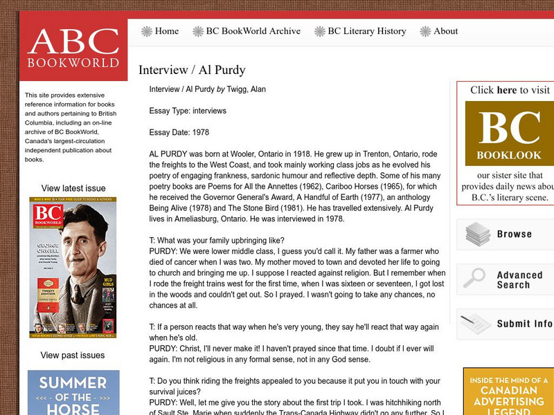 Bc Bookworld: Interview With Al Purdy by Alan Twigg Primary Bc Bookworld: Interview With Al Purdy by Alan Twigg Primary