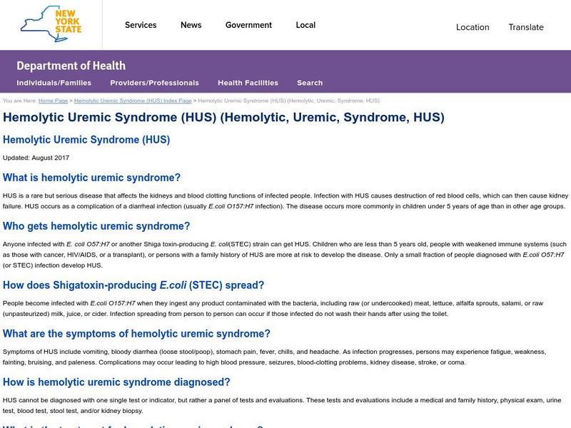 New York State Department of Health: Hemolytic Uremic Syndrome Handout New York State Department of Health: Hemolytic Uremic Syndrome Handout