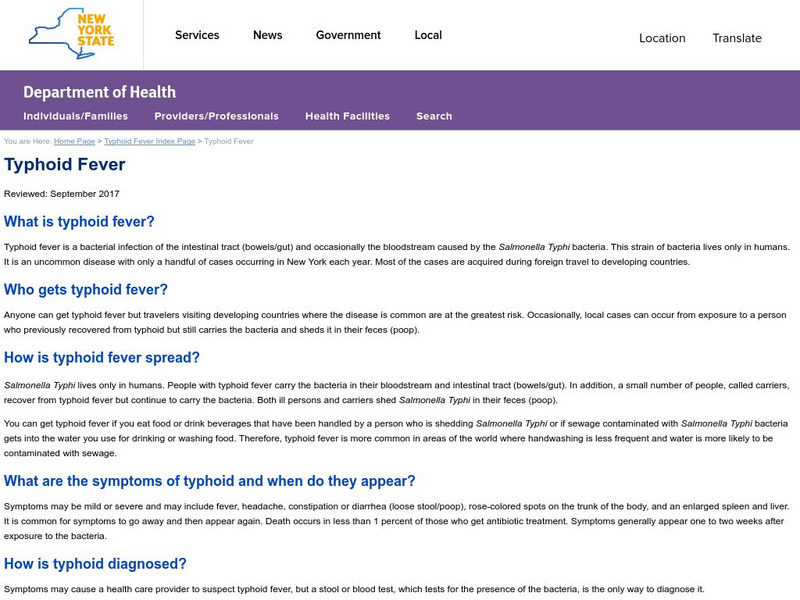 New York State: Communicable Disease Fact Sheet: Typhoid Fever Handout New York State: Communicable Disease Fact Sheet: Typhoid Fever Handout