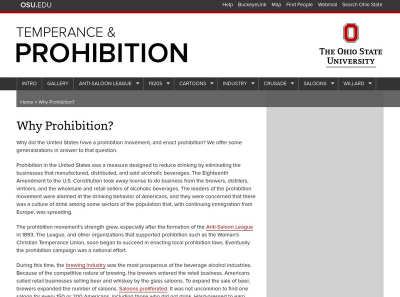 Ohio State University: Temperance and Prohibition: Why Prohibition? Website Ohio State University: Temperance and Prohibition: Why Prohibition? Website