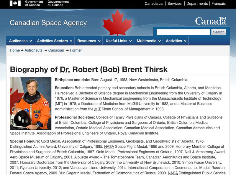 Canadian Space Agency: Canadian Astronauts Brent Thirsk Website Canadian Space Agency: Canadian Astronauts Brent Thirsk Website