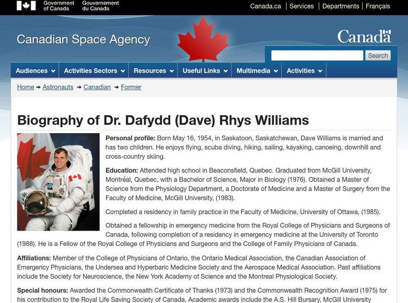 Canadian Space Agency: Canadian Astronauts David Williams Website Canadian Space Agency: Canadian Astronauts David Williams Website