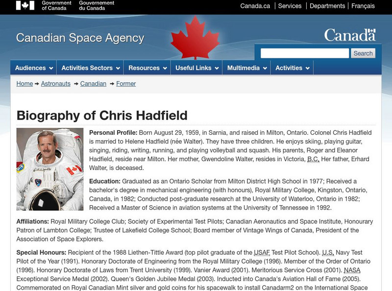 Canadian Space Agency: Col. Chris Hadfield Website Canadian Space Agency: Col. Chris Hadfield Website