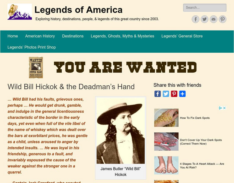 Legends of America: Wild Bill Hickok and the Dead Mans Hand Website Legends of America: Wild Bill Hickok and the Dead Mans Hand Website