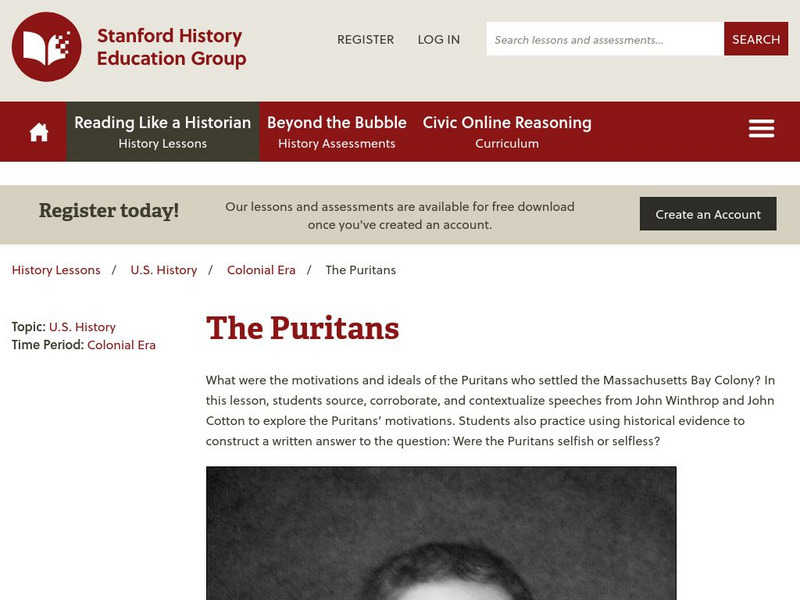 Sheg: Document Based History: Reading Like a Historian: The Puritans Lesson Plan Sheg: Document Based History: Reading Like a Historian: The Puritans Lesson Plan