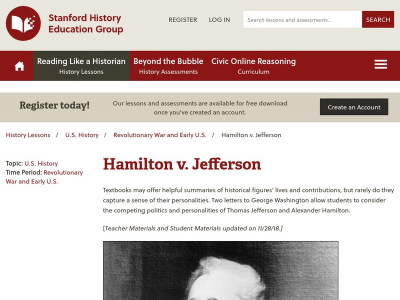 Sheg: Document Based History: Reading Like a Historian: Hamilton v. Jefferson Lesson Plan Sheg: Document Based History: Reading Like a Historian: Hamilton v. Jefferson Lesson Plan