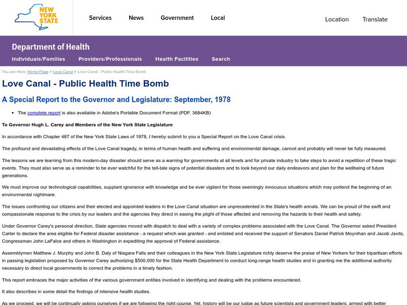 New York State Department of Health: Love Canal Public Health Time Bomb Primary New York State Department of Health: Love Canal Public Health Time Bomb Primary