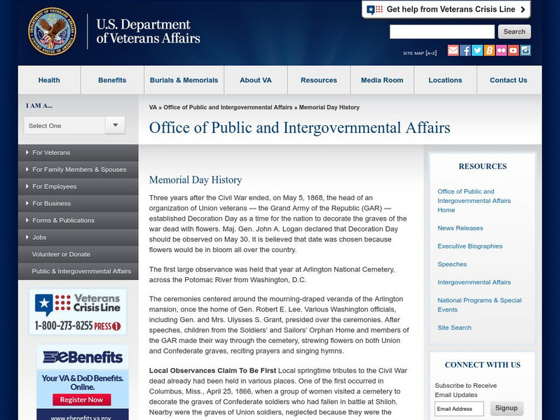 U.s. Department of Veteran Affairs: History of Memorial Day Website U.s. Department of Veteran Affairs: History of Memorial Day Website