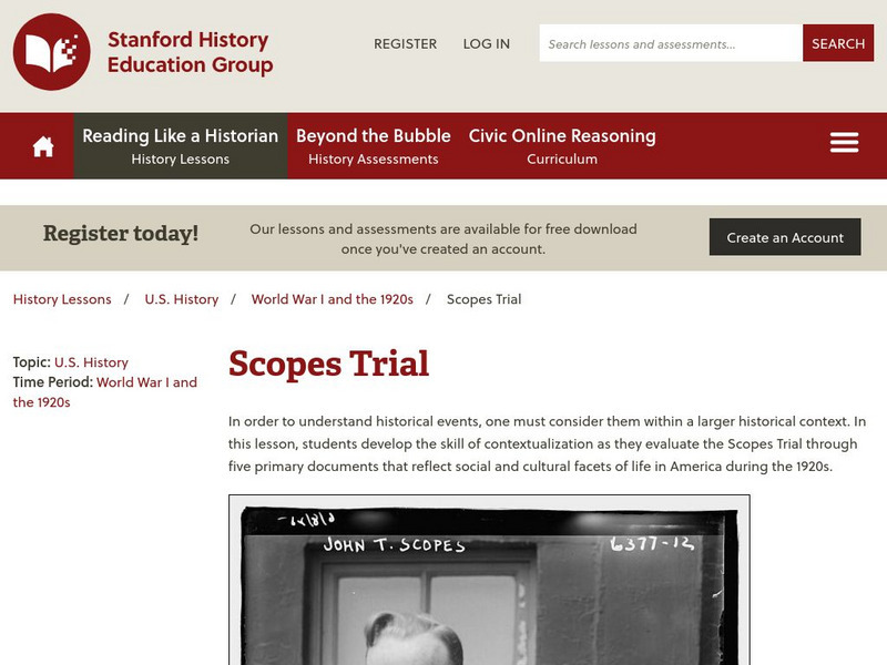 Sheg: Document Based History: Reading Like a Historian: Scopes Trial Lesson Plan Sheg: Document Based History: Reading Like a Historian: Scopes Trial Lesson Plan