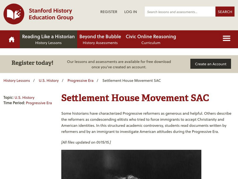 Sheg: Reading Like a Historian: Settlement House Movement Sac Lesson Plan Sheg: Reading Like a Historian: Settlement House Movement Sac Lesson Plan