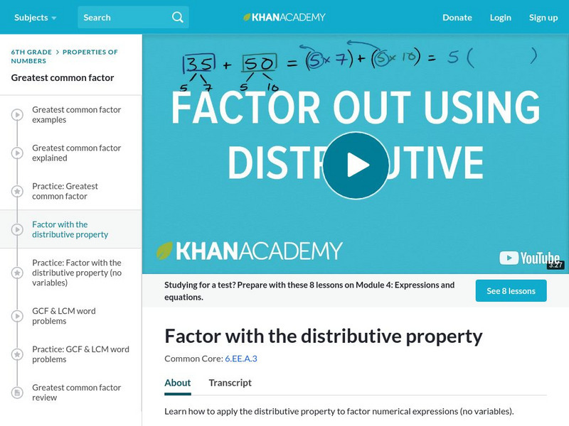 Khan Academy: Factor With the Distributive Property Instructional Video Khan Academy: Factor With the Distributive Property Instructional Video