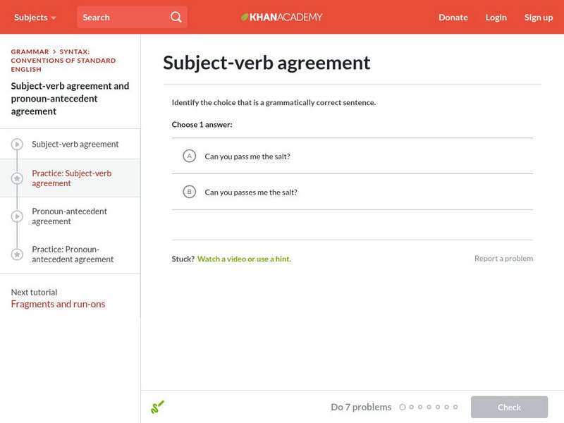 Khan Academy: Subject Verb Agreement Unknown Type Khan Academy: Subject Verb Agreement Unknown Type