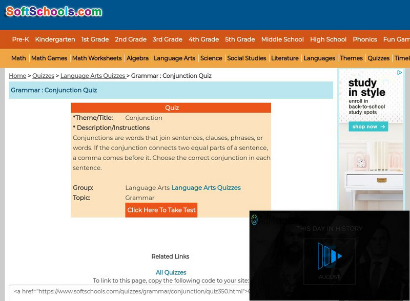 Soft Schools: Grammar: Conjunction Quiz Unknown Type Soft Schools: Grammar: Conjunction Quiz Unknown Type