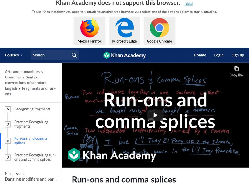Khan Academy: Run Ons and Comma Splices Instructional Video