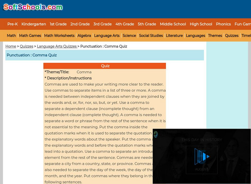 Soft Schools: Punctuation: Comma Quiz Unknown Type Soft Schools: Punctuation: Comma Quiz Unknown Type
