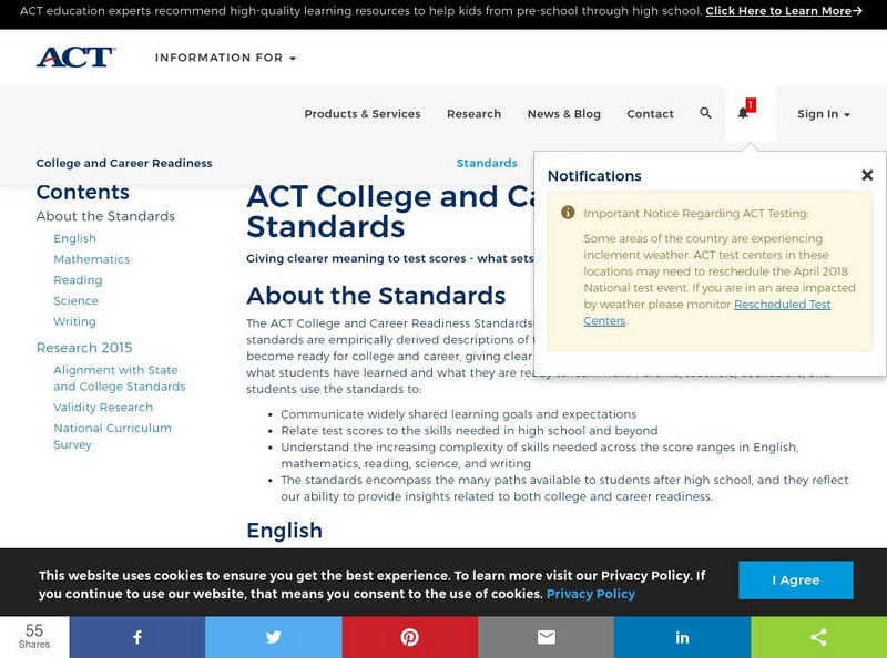 Act's College Readiness Standards Website Act's College Readiness Standards Website