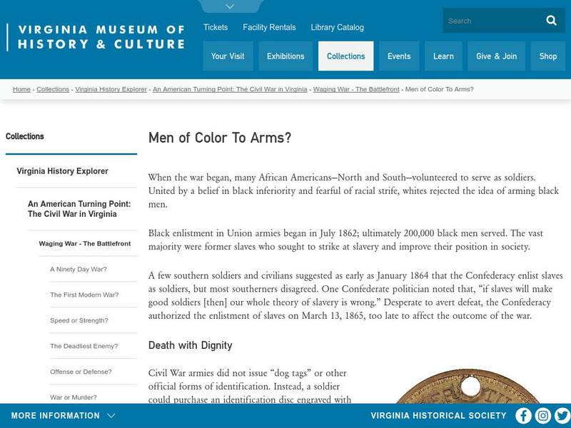 Virginia Historical Society: Waging War: The Battlefront: Men of Color to Arms? Article Virginia Historical Society: Waging War: The Battlefront: Men of Color to Arms? Article