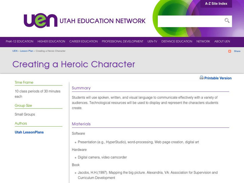 Uen: Iste Nets: Creating a Heroic Character (Lesson Plan) Lesson Plan Uen: Iste Nets: Creating a Heroic Character (Lesson Plan) Lesson Plan